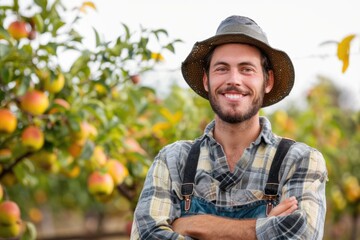 A person standing among apple trees, wearing a hat and overalls