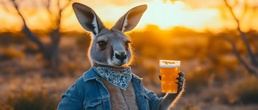 A whimsical kangaroo holding a beer during a vibrant sunset, showcasing a playful mix of wildlife and leisure.
