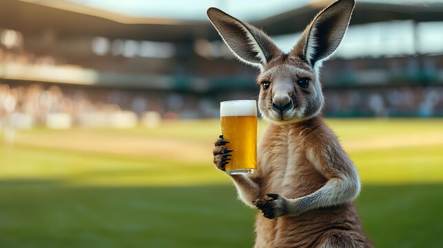 A fun kangaroo enjoying a cold beer at a sporting event, capturing the spirit of celebration and leisure in a vibrant atmosphere.