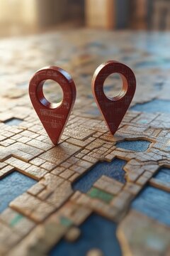 two red pins on a map with a map marker