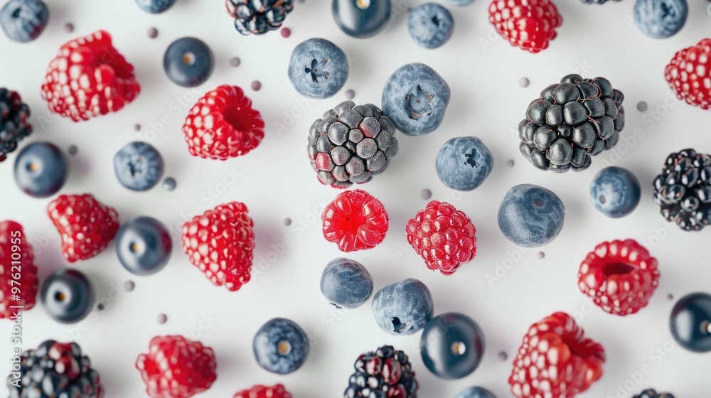 Poster fresh berries and blueberries arranged on a white surface for a close-up view