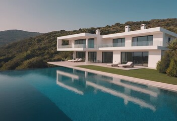 Fototapeta premium A beautiful white house with a refreshing pool in front