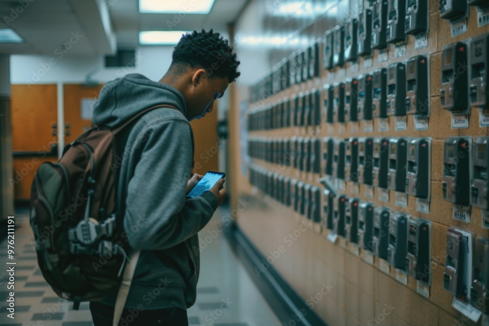 Aufkleber a person looking at a large display of smartphones, possibly feeling overwhelmed or anxious about th