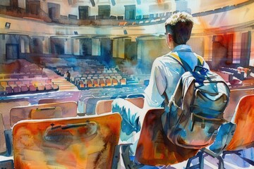 A watercolor illustration of a person sitting in a theater