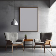 Blank poster mockup on grey concrete wall in room with furniture 