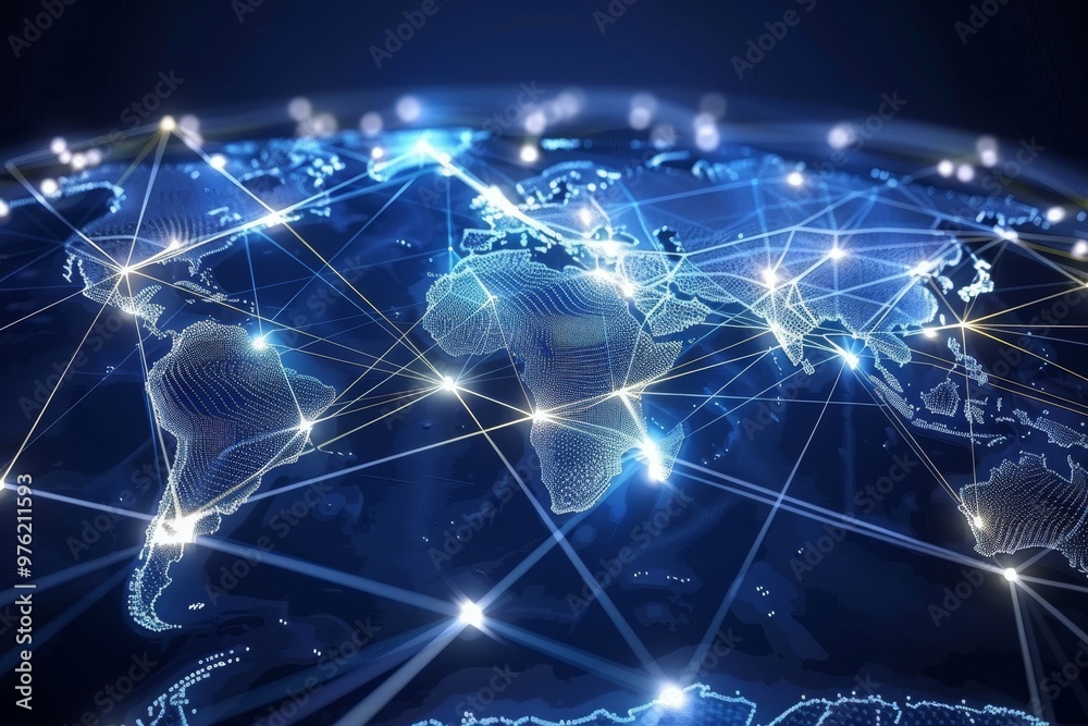 Poster the visual displays a world map characterized by bright, interconnected lines that represent digital