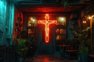 Naklejka premium a neon cross is lit up in a dark alley