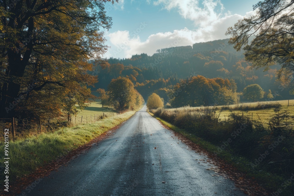 Aufkleber rural landscape with a dirt road running through a green field, possibly suitable for use in adverti