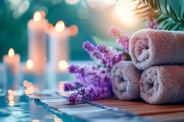 Soft towels are neatly stacked near a tranquil pool, surrounded by fresh lavender and glowing candles, creating a serene spa atmosphere at dusk