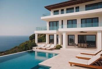 Obraz premium A beautiful white house with a refreshing pool in front