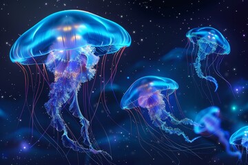 A group of vibrant, bioluminescent jellyfish glides through a dark ocean illuminated by their glowing bodies, creating a magical underwater atmosphere at night.