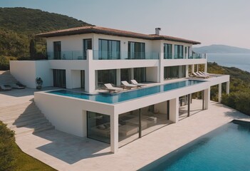A beautiful white house with a refreshing pool in front