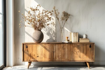 A vase filled with dried flowers placed on a wooden cabinet, perfect for interior design or still life photography