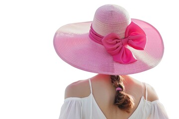 A woman wearing a large pink hat