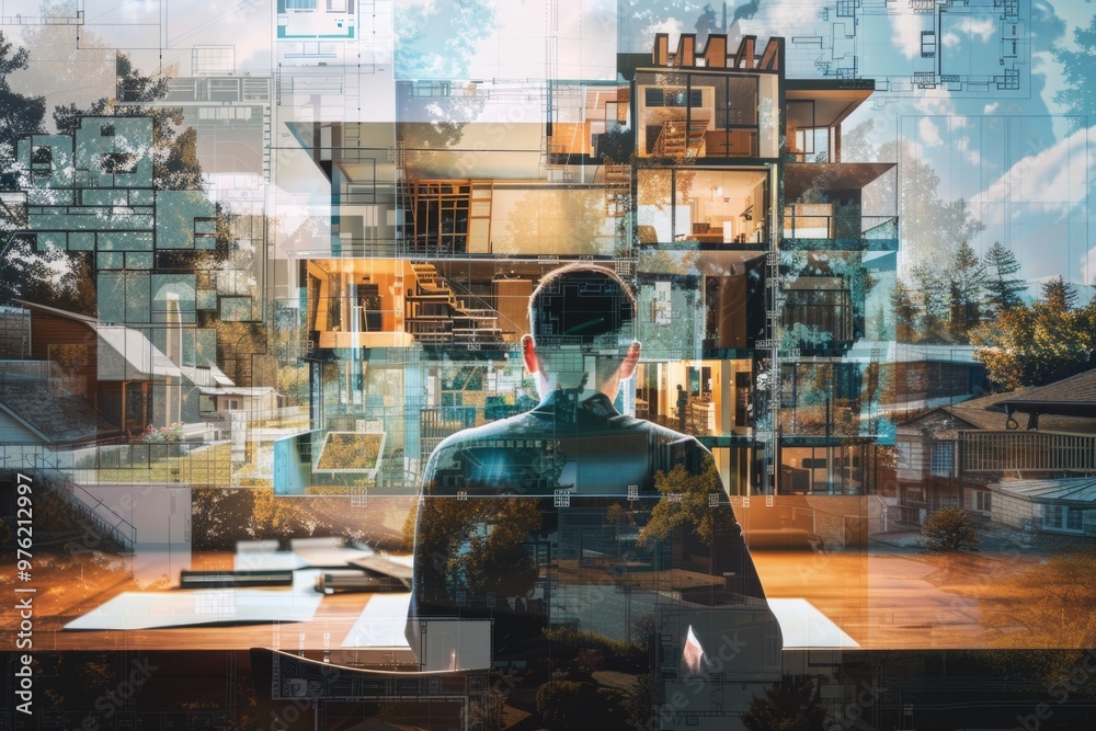 Poster A person sitting at a desk with a window view, suitable for office or home use