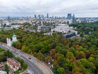 Warszawa, panorama miasta z lotu ptaka. Widok z okolic cmentarza Powązkowskiego