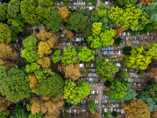 Zabytkowy cmentarz w centrum Warszawy. Stare Powązki. Widok z góry © hunter76