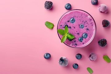 A refreshing smoothie with mixed berries and fresh mint leaves on a bright pink background