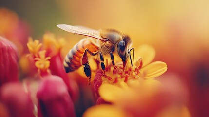 A close-up of a honeybee collecting pollen from a yellow flower.