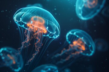 Naklejka premium Glowing jellyfish with vibrant tentacles gracefully swim through dark ocean waters, illuminating their surroundings with soft light in a captivating display.