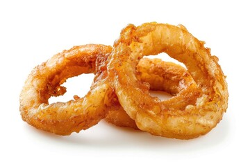 A pair of onion rings stacked on top of each other, often used in food photography or as a prop in culinary settings