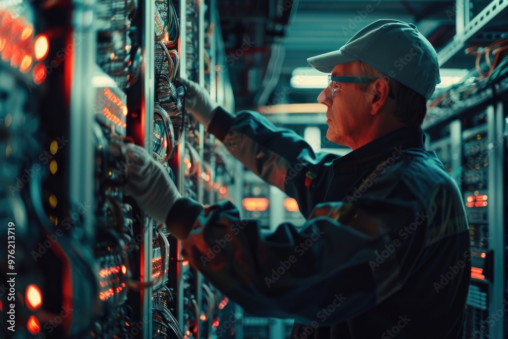 Aufkleber a person in a hard hat works on a server, suitable for use in it or technology settings