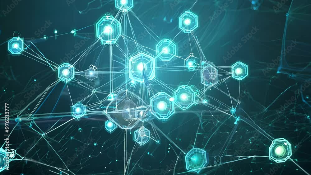 Poster Nanobots assembling microscopic structures in scientific abstract concept. Microlevel ai bots in motion