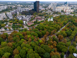 Warszawa, panorama miasta z lotu ptaka. Widok z okolic cmentarza Powązkowskiego