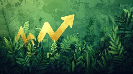 A golden arrow pointing upwards emerges from lush green foliage, symbolizing growth and progress.