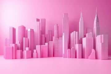 a pink cityscape with skyscrapers
