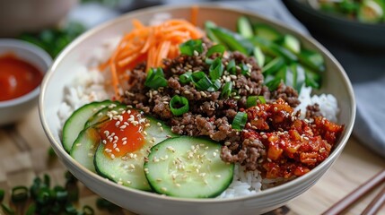 A vibrant bowl of Korean Bibimbap with ground beef, rice, cucumber, and gochujang. This photo is perfect for illustrating Korean cuisine, food blogs, and recipe websites.