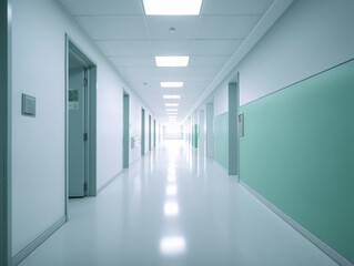 Fototapeta premium Long corridor in a hospital or clinic with bright lighting and clean walls