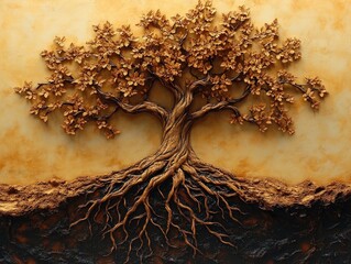 Intricate tree of life sculpture with detailed roots on textured background