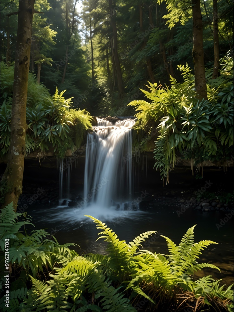 Poster Sunlit waterfall in a lush forest.