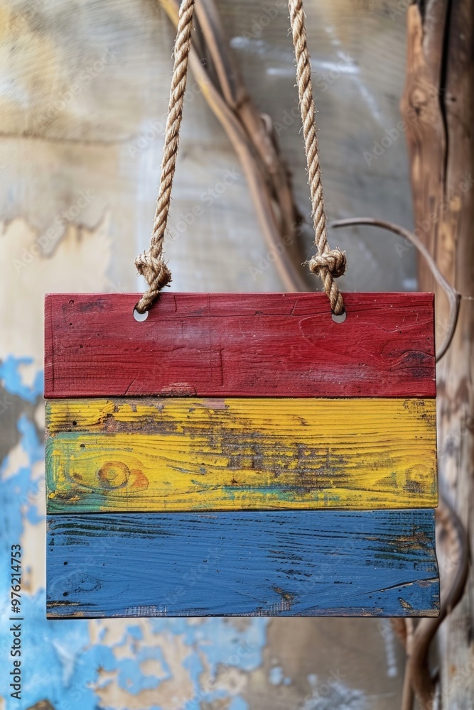 Aufkleber a rustic wooden sign hangs from a tree branch, perhaps marking a trail or boundary