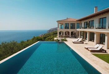 Fototapeta premium A beautiful white house with a refreshing pool in front