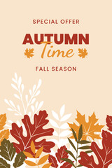 Autumn vertical banner with colorful fall leaves and text lettering composition on beige background. Poster, cover, card with colorful leaves. Autumn stories background, banner or flyer design