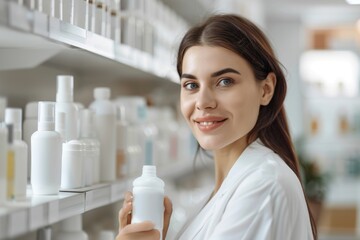 A woman holds a bottle of lotion in a store setting, potentially shopping for personal care items