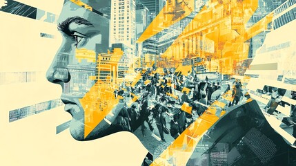 Fototapeta premium A creative double exposure image blending a man's profile with a bustling cityscape, symbolizing ambition and urban life.
