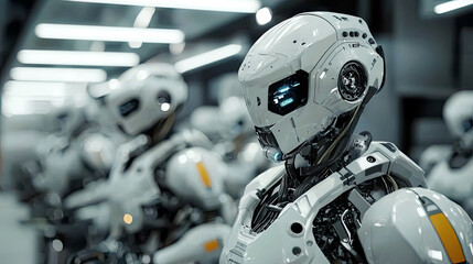 Hyper-realistic shot of robots in a high-tech production line, detailed metallic textures