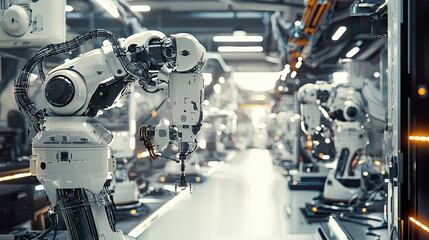 Fototapeta premium Hyper-realistic shot of robots in a high-tech production line, detailed metallic textures