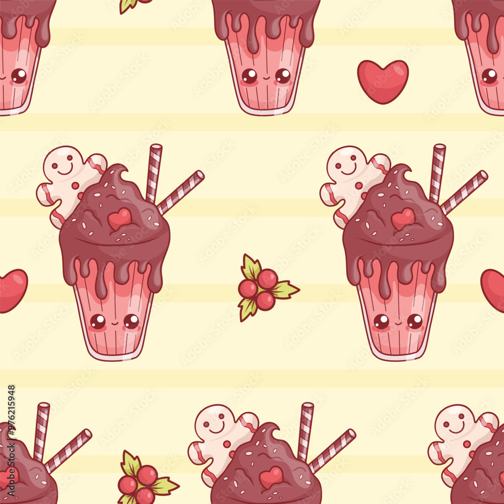 Wall mural Seamless Christmas pattern with cute kawaii character glass milk shake with chocolate dessert, gingerbread man and candies on yellow striped background with holly and heart. Vector illustration.