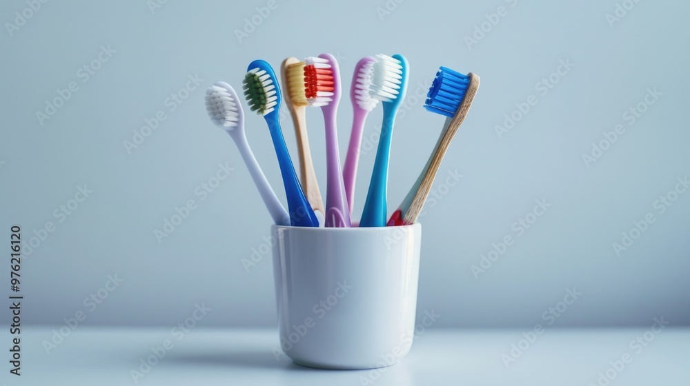Poster a colorful collection of toothbrushes in a single cup