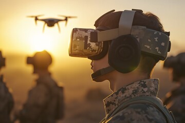 Soldiers using virtual reality headsets and drones, military training technology concept