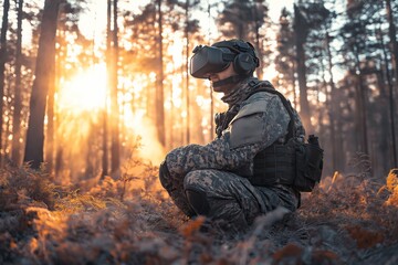 Soldier in camouflage gear using virtual reality headset in forest at sunrise, military training, technology concept
