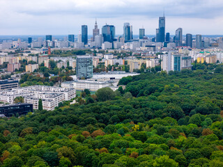 Warszawa, panorama miasta z lotu ptaka. Widok z okolic cmentarza Powązkowskiego