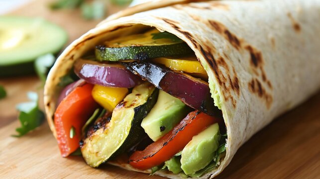 Close-up of a grilled vegetable wrap with avocado, zucchini, bell peppers, red onion, and cilantro on a wooden surface.