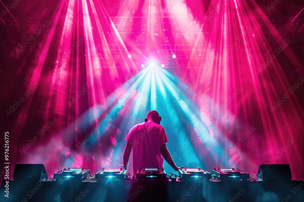 Poster a person standing in front of a stage with bright lights