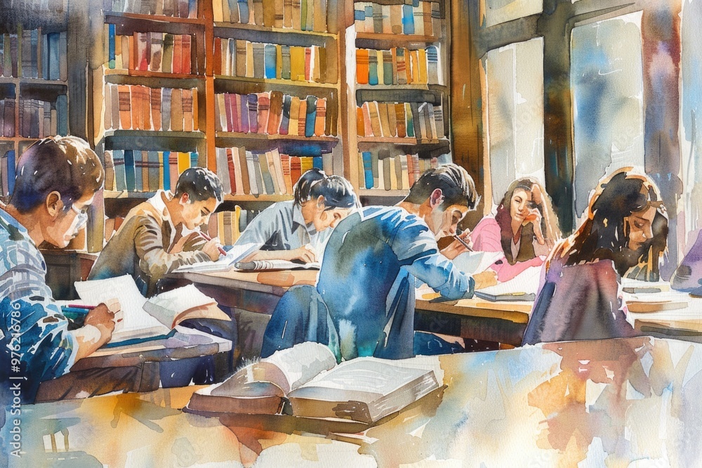 Poster group studying at a table in a quiet library setting, suitable for educational or academic purposes