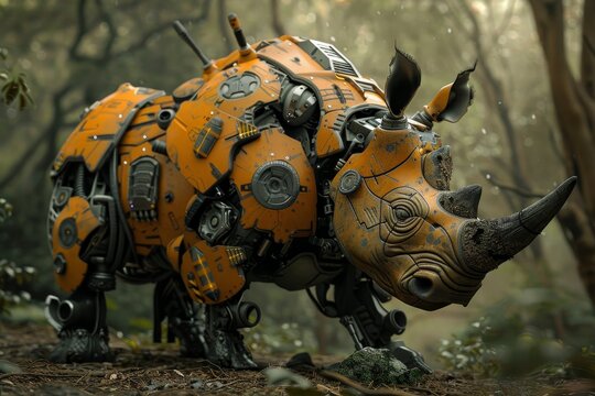 The robotic rhinoceros navigates through a vibrant forest, surrounded by tall trees and dense foliage, highlighting a creative fusion of robotics and wildlife.
